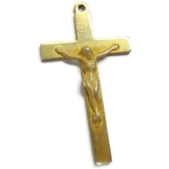 Gold Tone Cross Crucifix Charm Pendant Patina Vintage - Picture 3 of 12